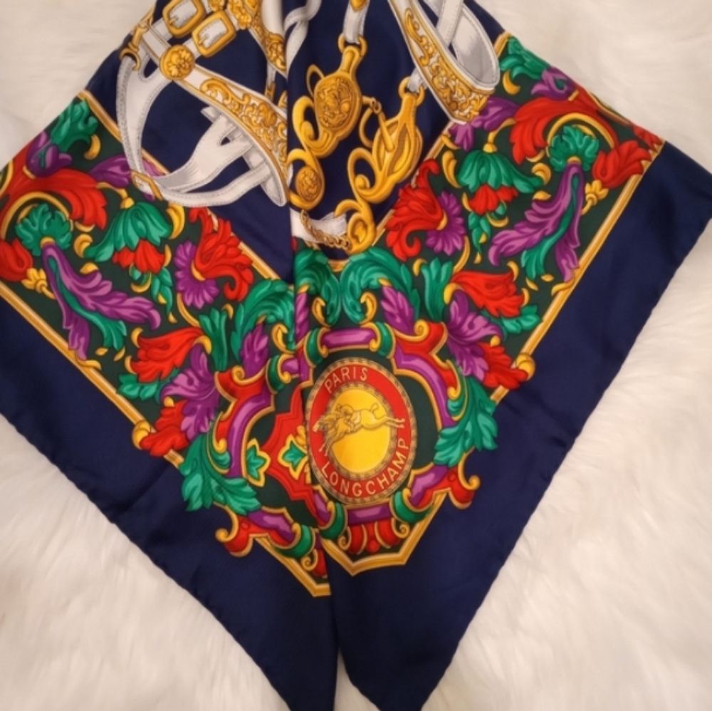 Longchamp Navy Multicolor Baroque Print Silk Scarf